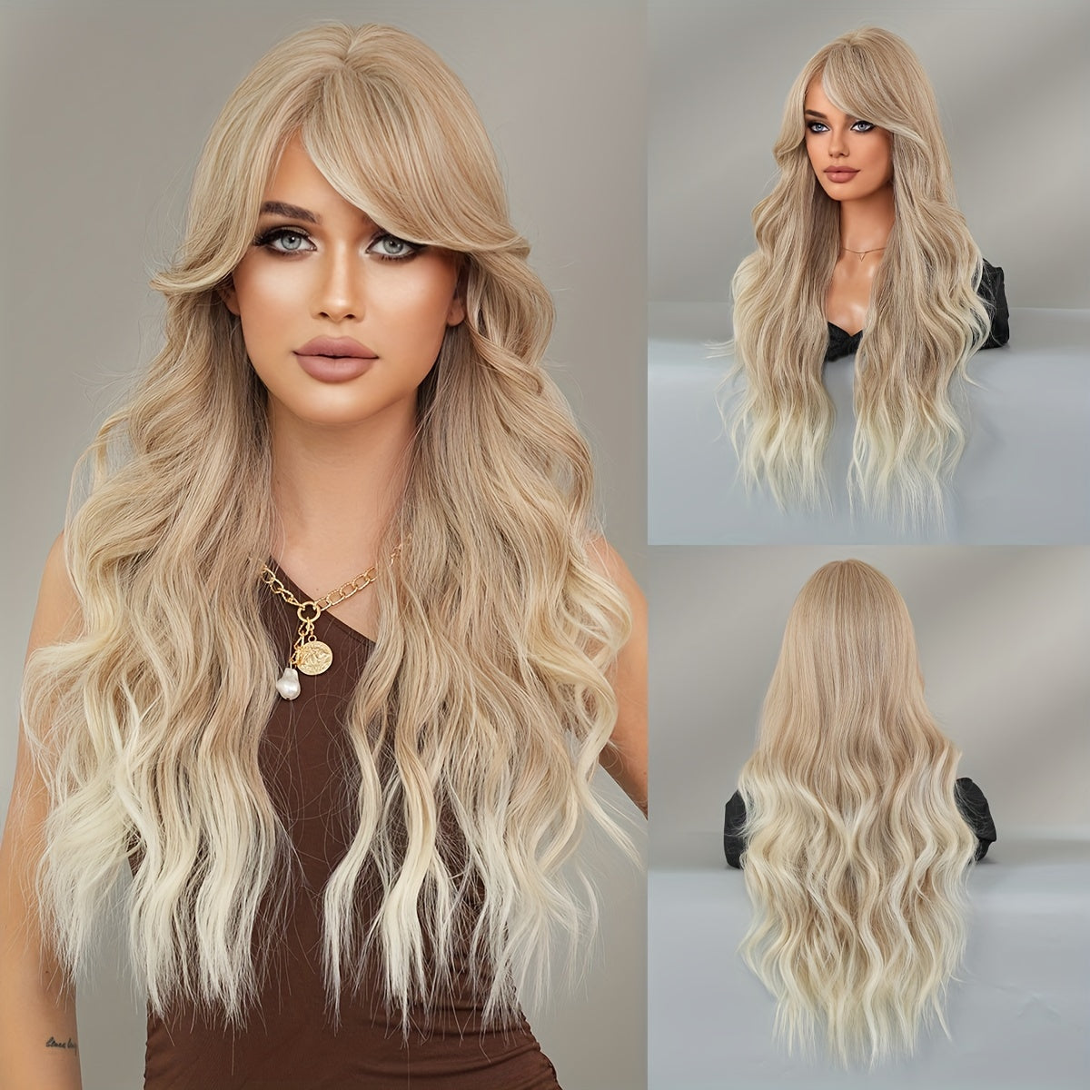 Elegant Body Wave Synthetic Wig for Women, Heat Resistant High Density 150% with Bangs, Long Loose Side Part, Beige Highlighted, Rose Net Cap, 27.55Inches