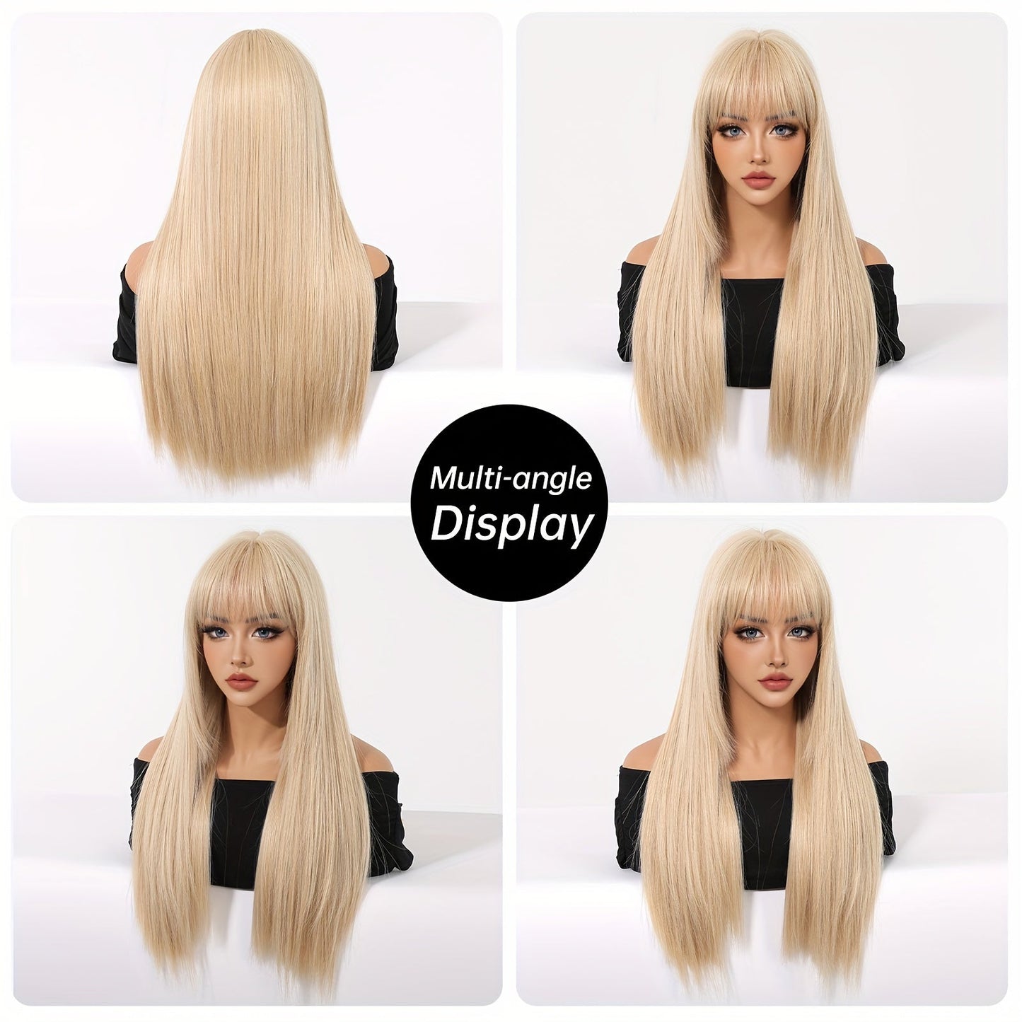 Chic 26" Light Golden Princess Cut Wig with Bangs - Soft Synthetic, Heat Resistant for Daily Wear, Parties, Halloween & Cosplay