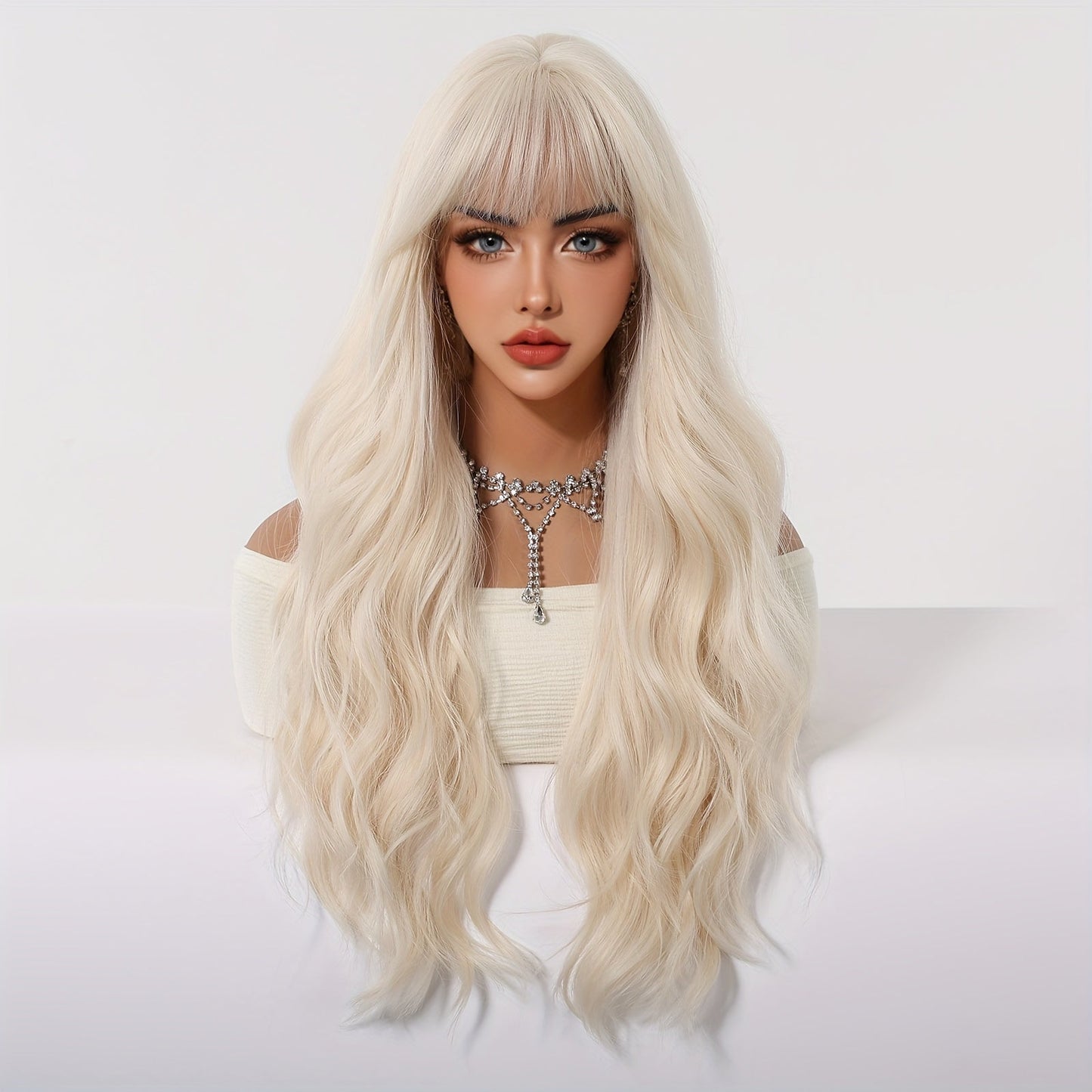 Chic 26" White Golden Curly Wig with Bangs for Women - Soft, Heat-Resistant Synthetic Hair for Daily Wear, Parties, Halloween & More