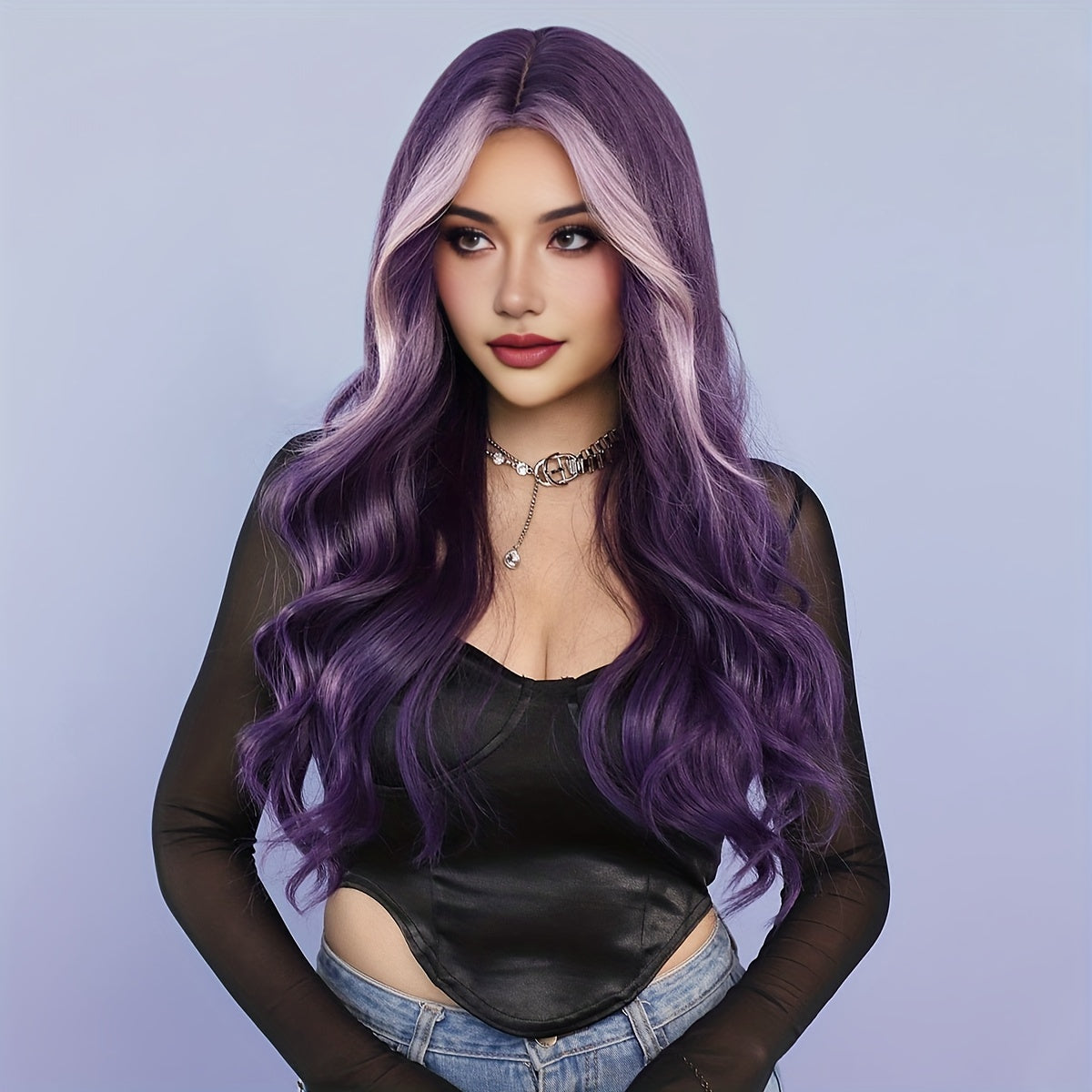 High-Density Synthetic Wig - Purple & Light Purple Ombre, Heat Resistant, Body Wave with Middle Part for Women - Perfect for Halloween & Cosplay