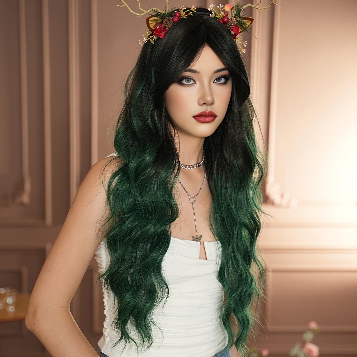 High-Density Synthetic Wig - Green Ombre with Black Roots, Body Wave Style for Women | Heat Resistant, Perfect for Halloween & Christmas Parties