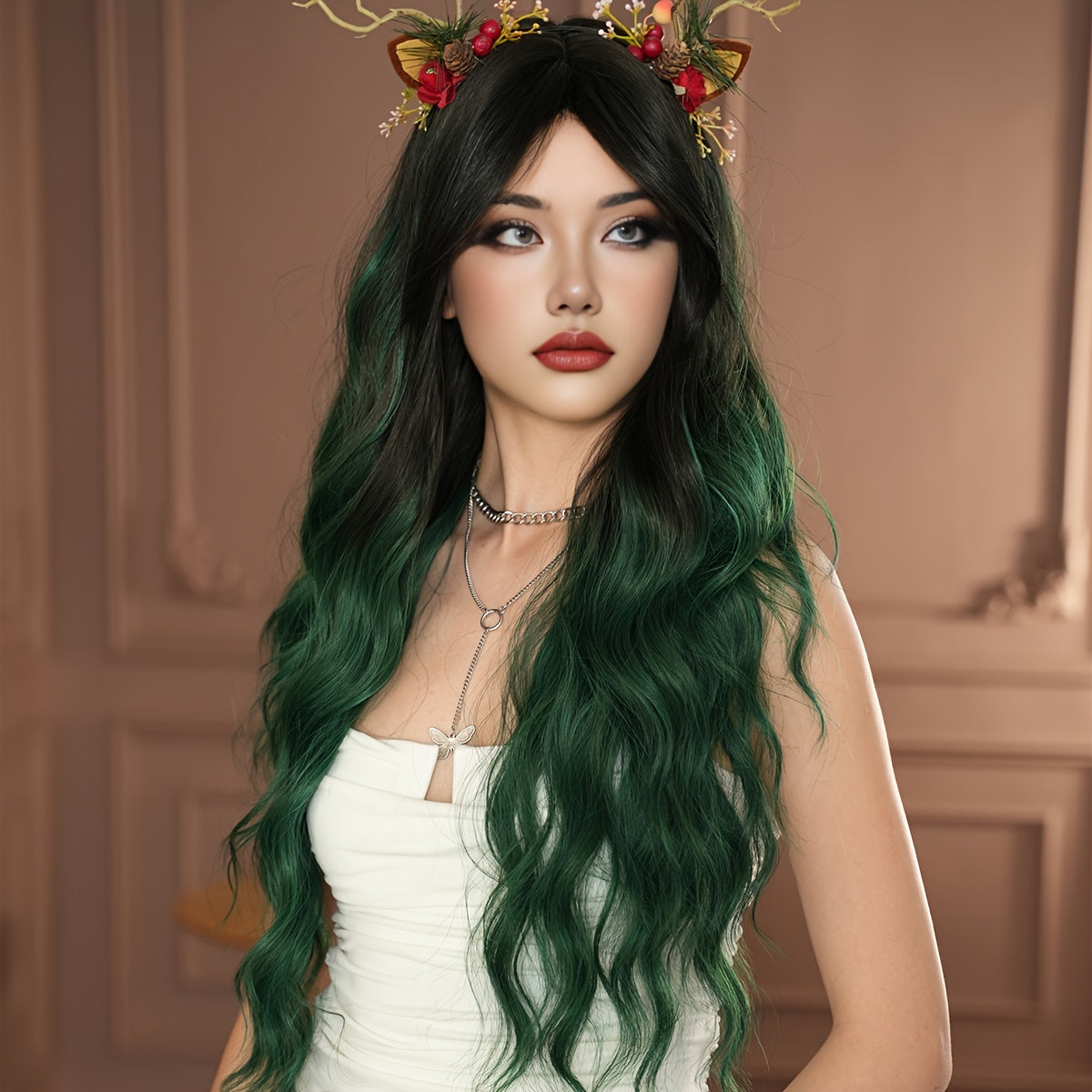 High-Density Synthetic Wig - Green Ombre with Black Roots, Body Wave Style for Women | Heat Resistant, Perfect for Halloween & Christmas Parties