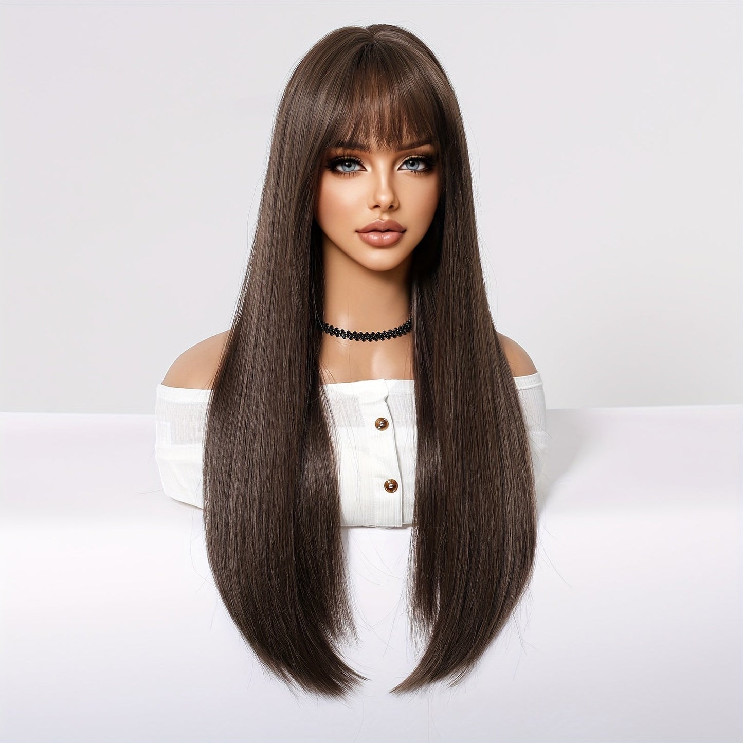 Elegant 24-Inch Brown & Black Straight Wig with Bangs for Women - High Density, Heat Resistant Synthetic Hair for Daily Wear, Parties, Cosplay