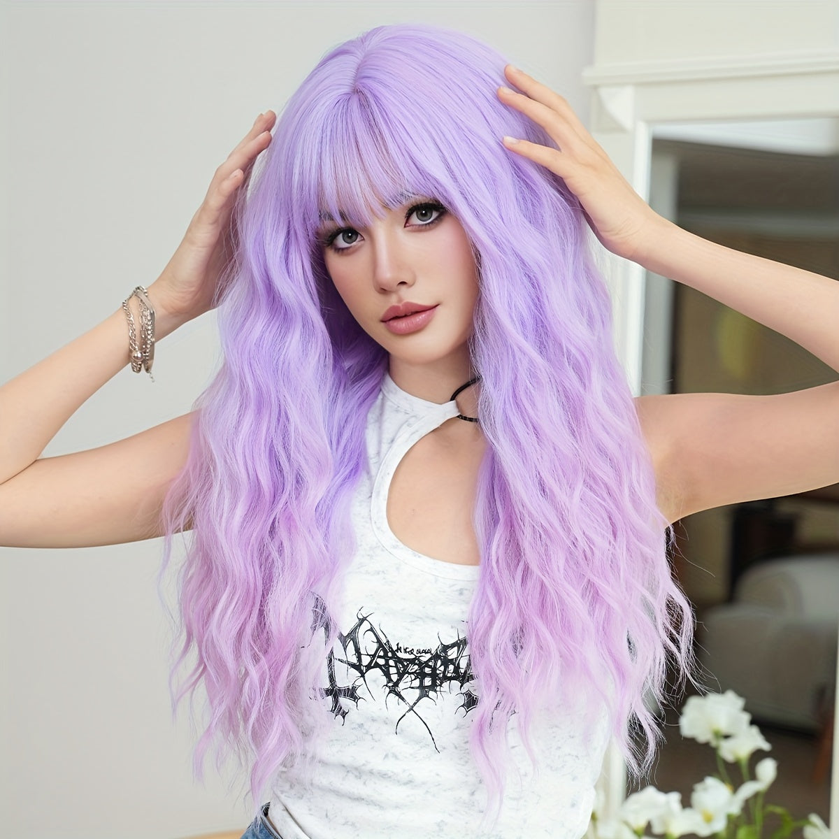 Anime Cosplay Wig for Women - 28.74inch Long Wavy Light Purple Wig, Synthetic Viscose Hair with Bangs, High-Density Party Costume, Heat Resistant, Rose Net Cap