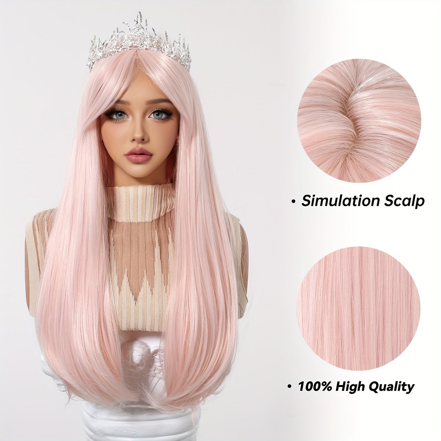 Chic 24" Light Pink Layered Wig with Bangs - Soft, Heat-Resistant Synthetic Hair for Women | Perfect for Daily Wear, Work, Parties, Halloween & More