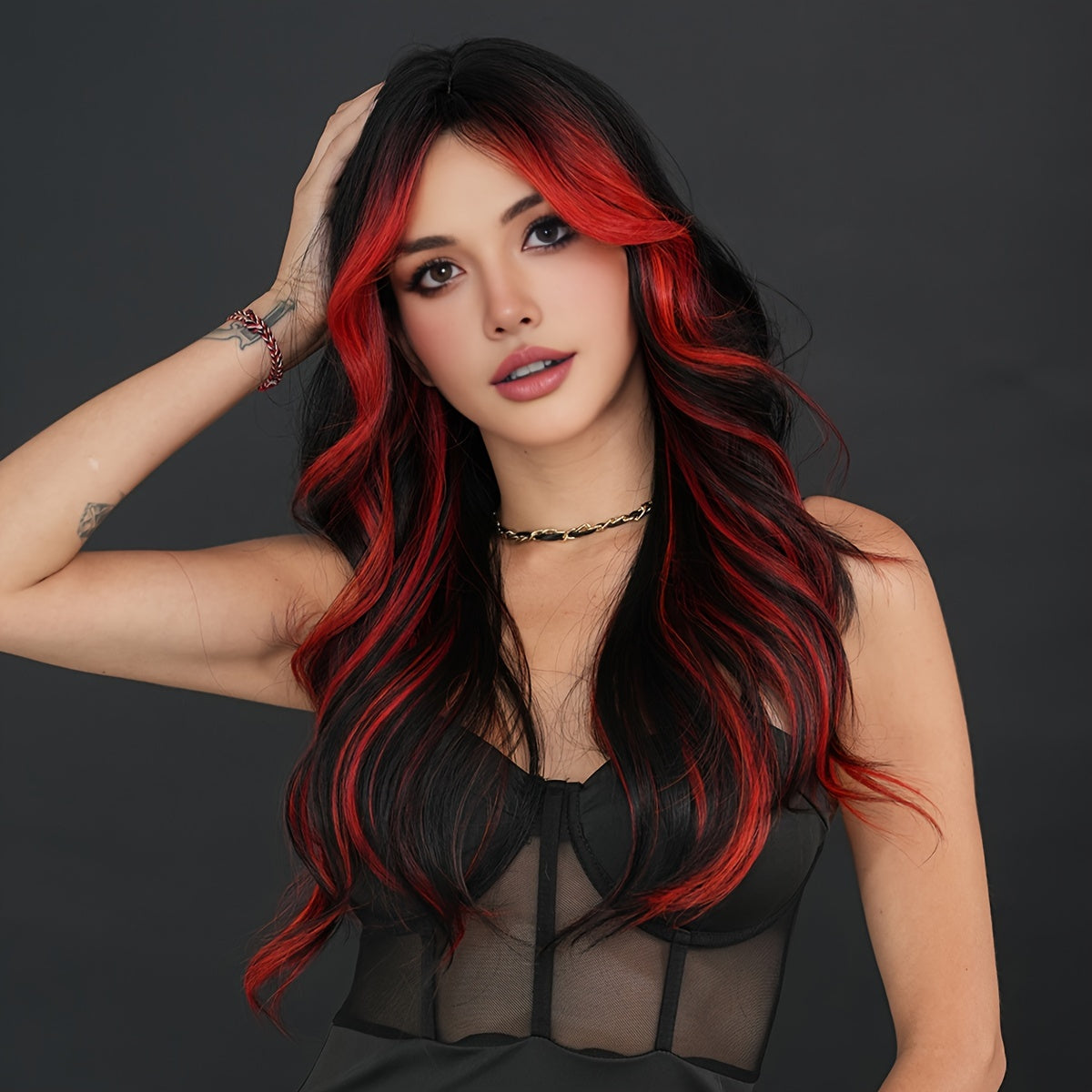 Vibrant Black & Red Highlighted Wavy Wig with Bangs - Heat Resistant, Soft, and Shiny Synthetic Hair for Women - Perfect for Halloween, Cosplay Parties, and Casual Attire