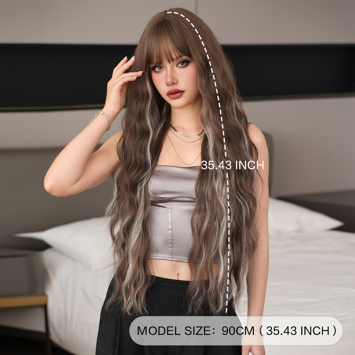 Extra-Long Water Wave Blonde & Brown Highlight Synthetic Wig with Bangs - Heat Resistant, Perfect for Halloween Cosplay & Lolita Dress-Up, for Halloween