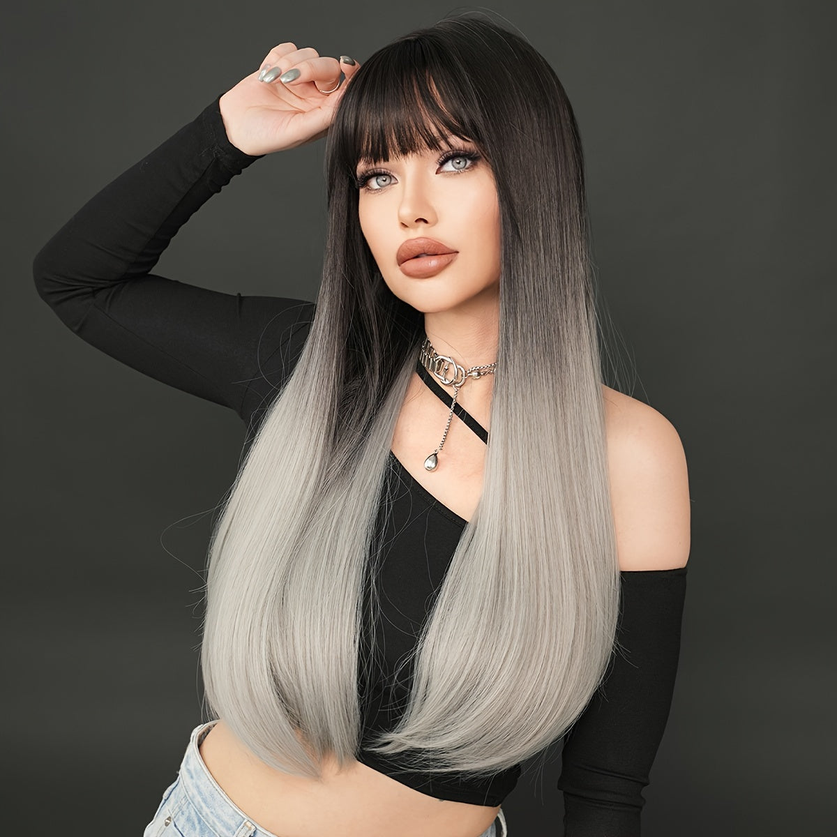 High Temperature Fiber Women'S Wig - Black to Grey Ombre, Long Straight Synthetic Hair, 150% Density, Rose Net Cap, Heat Resistant for Daily and Vacation Use, One Size Fits All, 27.56inch