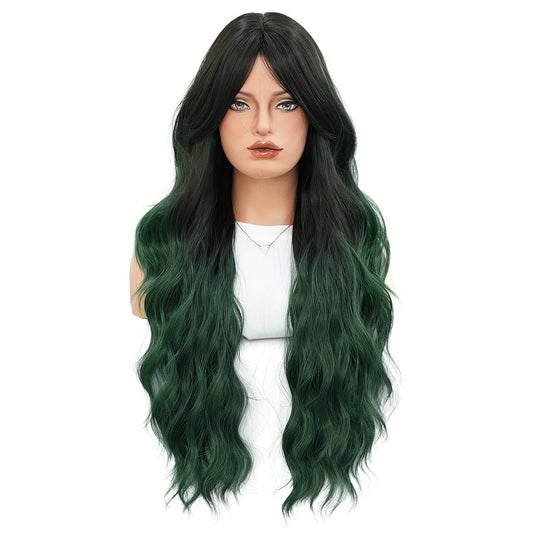 High-Density Synthetic Wig - Green Ombre with Black Roots, Body Wave Style for Women | Heat Resistant, Perfect for Halloween & Christmas Parties