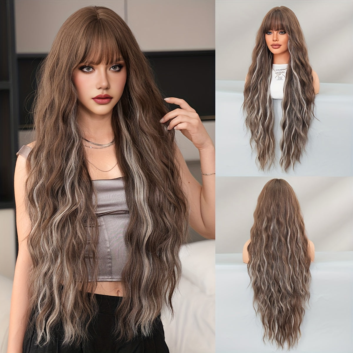 Extra-Long Water Wave Blonde & Brown Highlight Synthetic Wig with Bangs - Heat Resistant, Perfect for Halloween Cosplay & Lolita Dress-Up, for Halloween