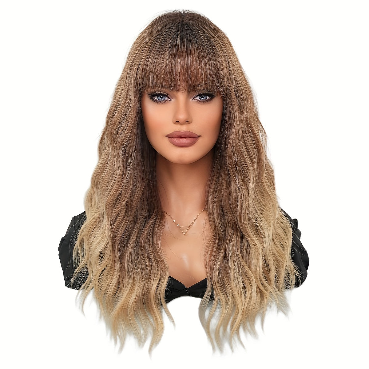 Chic Ombre Brown to Blonde Wig with Bangs for Women - High-Density Synthetic Body Wave, Heat Resistant, Perfect for Daily Wear & Parties