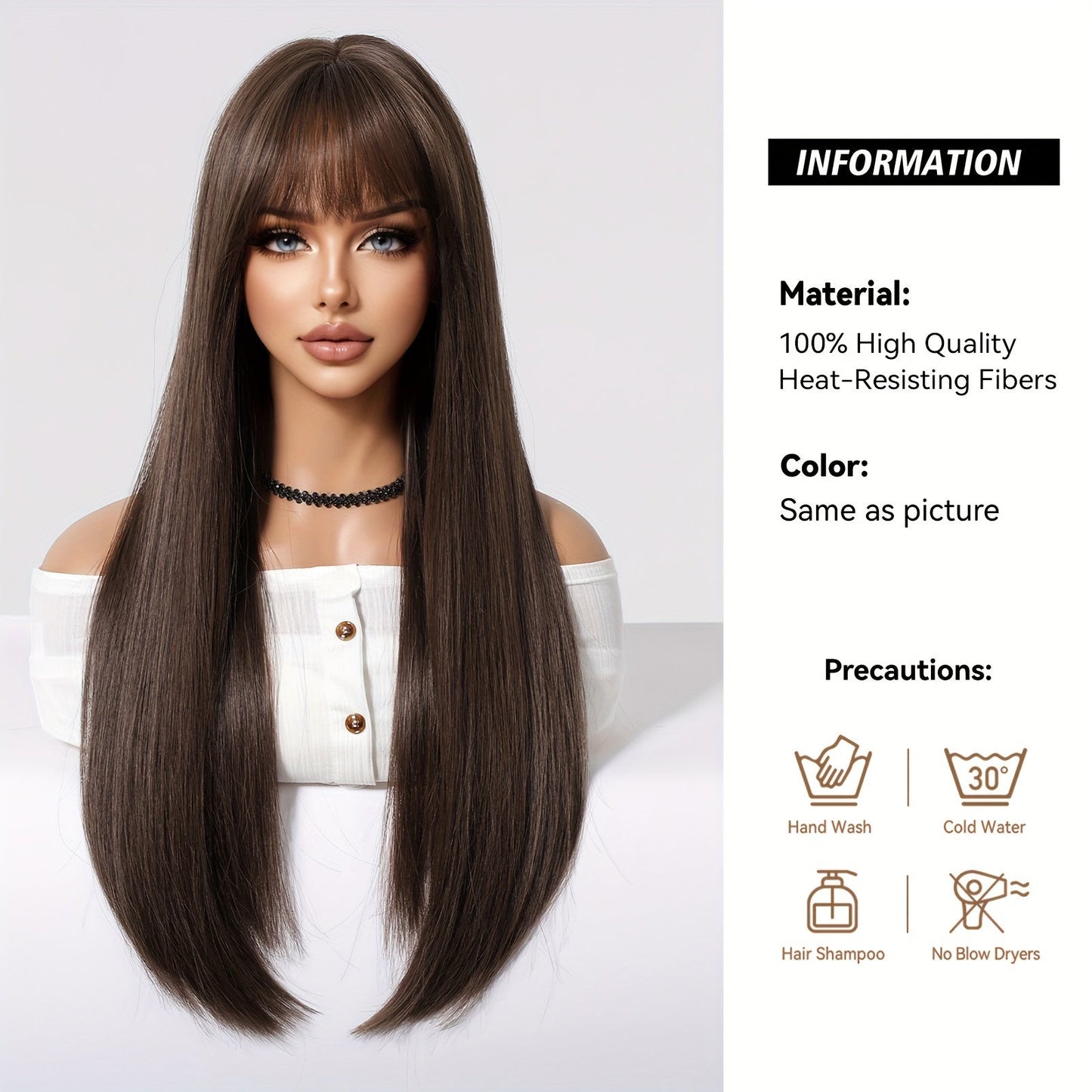 Elegant 24-Inch Brown & Black Straight Wig with Bangs for Women - High Density, Heat Resistant Synthetic Hair for Daily Wear, Parties, Cosplay