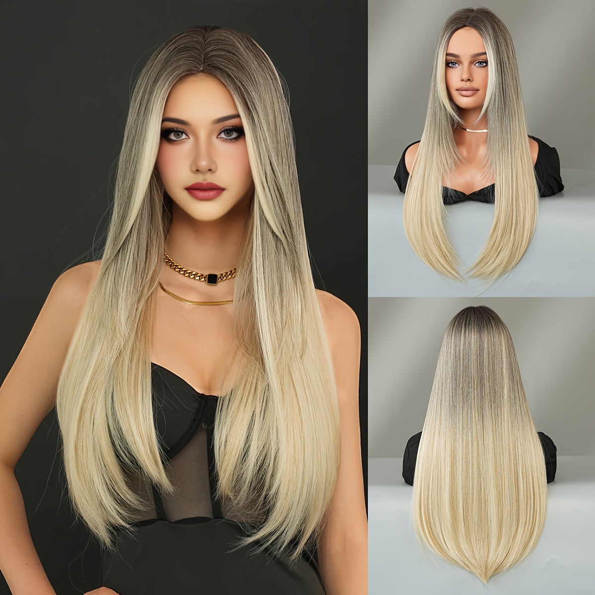 Heat Resistant Viscose Wig - Movie Theme Straight Hair, High-Density Grey to Golden Ombre with Middle Part, Durable Rose Net Cap for Halloween Cosplay & Daily Wear, 25.59inch