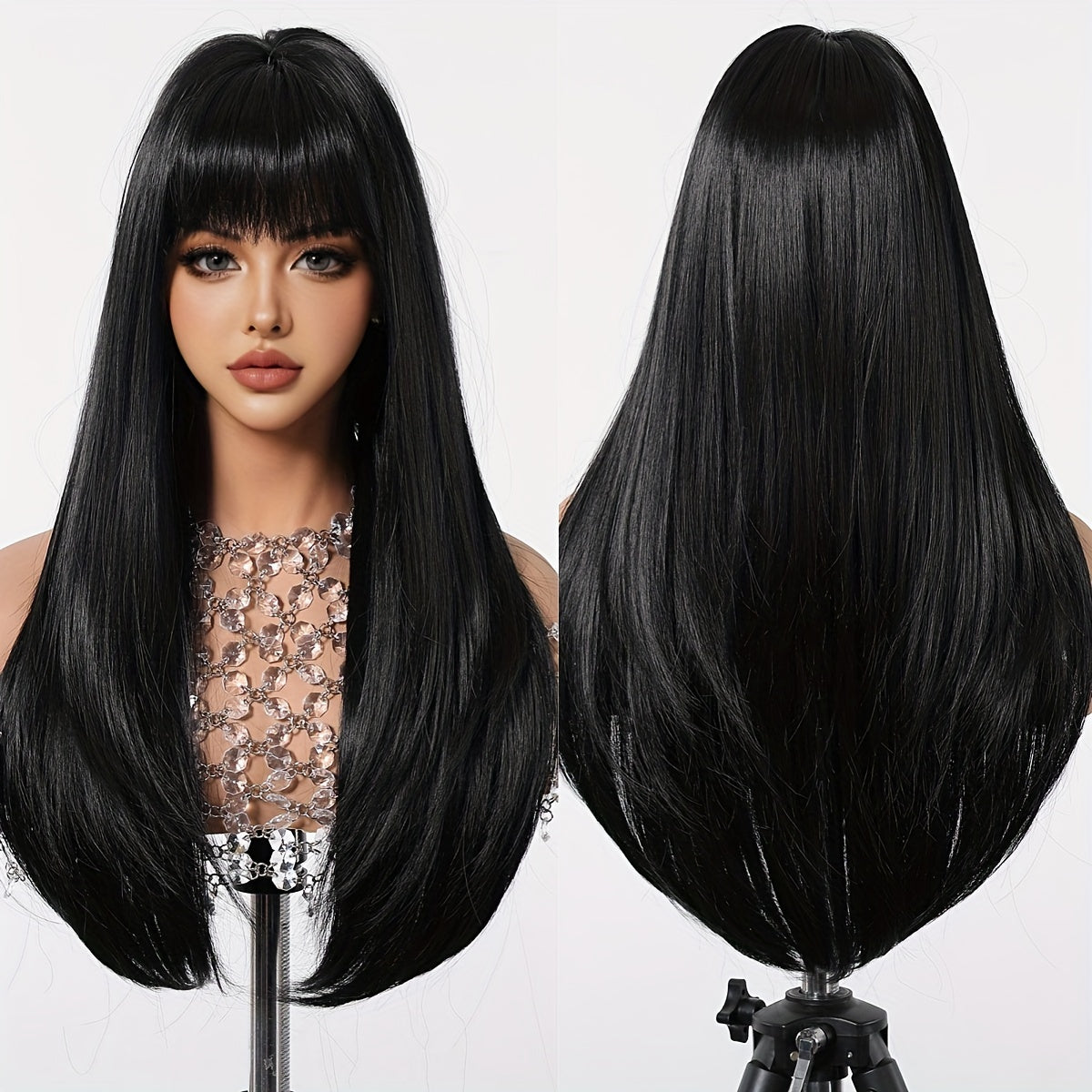 Women's 28 Inch Long Straight Hair Wig with Bangs, Synthetic High Temperature Fiber, Rose Net Cap, 150% Density, Basic Style, Suitable for All - Perfect for Daily Wear, Parties, Halloween, Christmas, Music Festivals