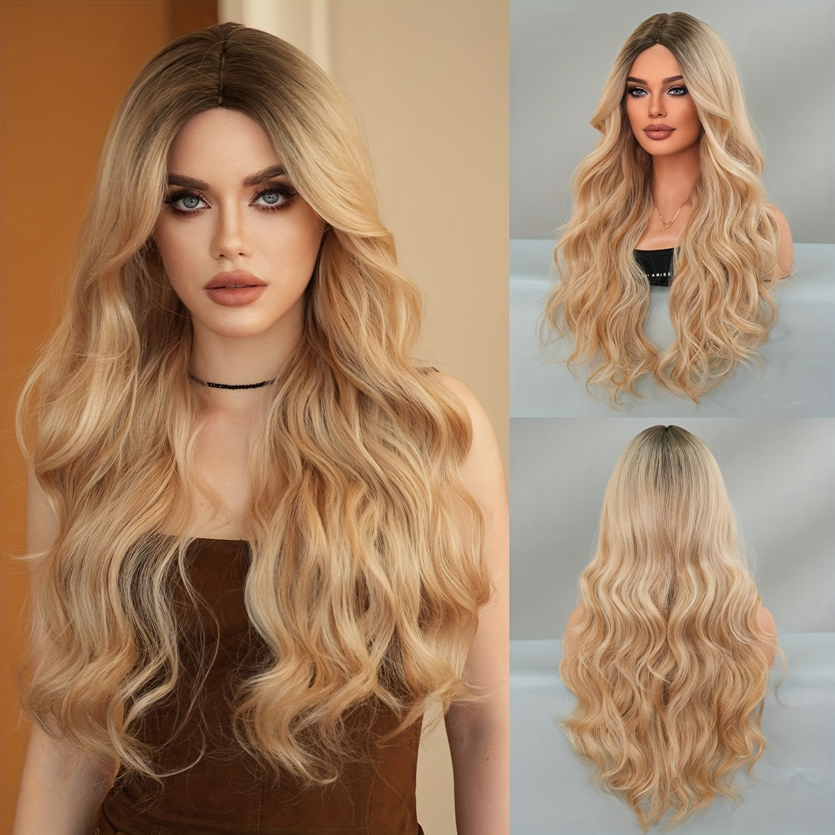 Women'S Body Wave Synthetic Wig, 27.55" High Density Middle Part with Curtain Bangs, Heat Resistant, Vacation Style, Rose Net Cap, 150% Density, Dark Roots, Long Loose Wavy Wig