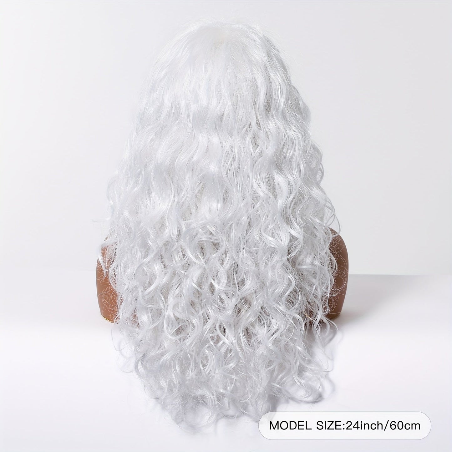 24 Inch White Curly Wave Wig with Bangs, Soft Synthetic Fiber, Women'S Fashion Wig for Daily Wear, Gatherings, Halloween, Christmas, Music Festivals, Cosplay - Heat-Resistant, Hand Wash, No Cold Water, No Dryers, Rose Cap, 150% Density, All Ethnicities