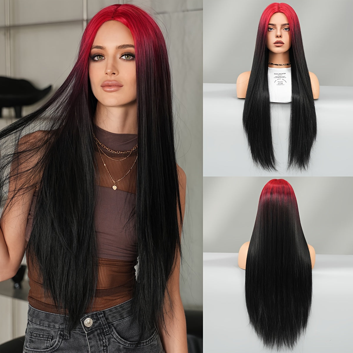 High-Density Synthetic Wig for Women - Long Straight with Golden Highlights & Orange Accents, Heat Resistant, Perfect for Halloween Cosplay & Daily Wear