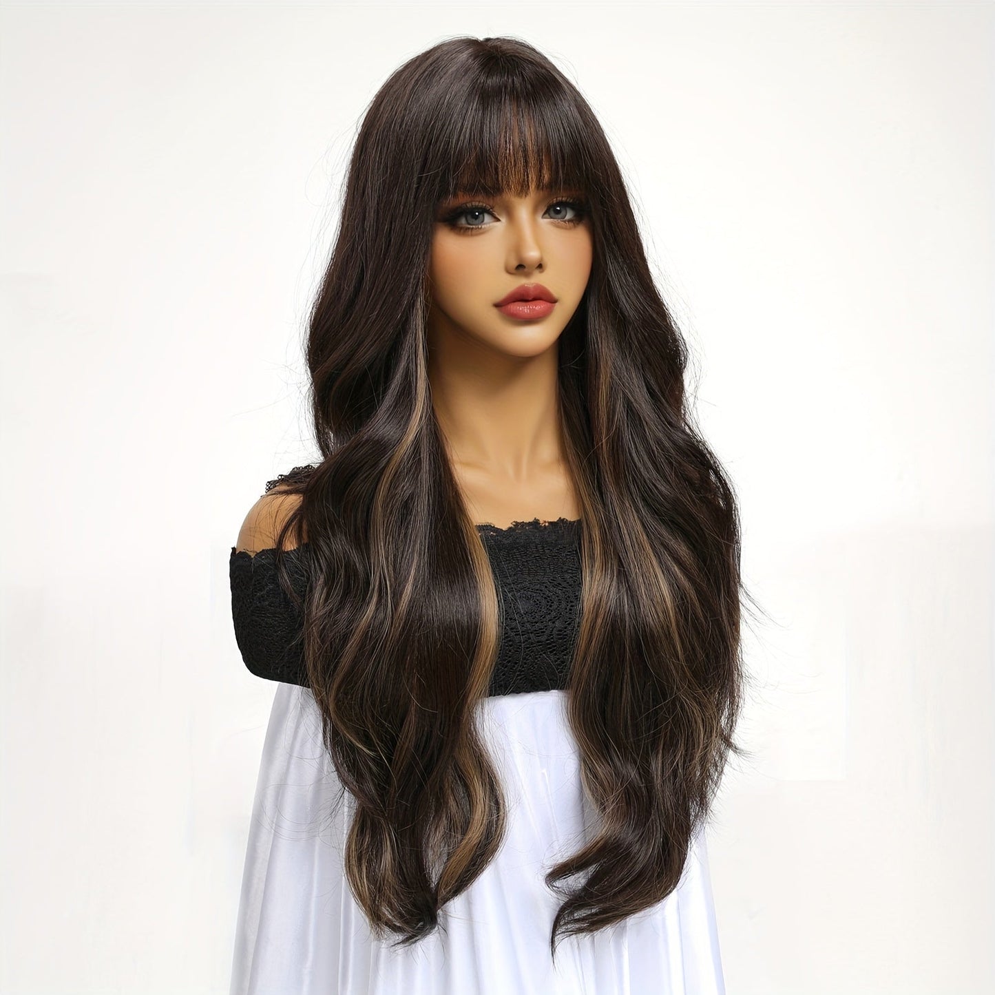 Chic 30-Inch Black to Brown Ombre Wig with Bangs - Long Curly, Heat Resistant Synthetic Hair for Women | Perfect for Daily Wear, Parties, Halloween & Cosplay