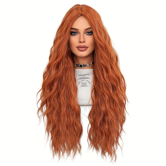 Viscose Coily Wig, Movie Theme, Heat Resistant, High Density, Middle Part Wavy Orange Synthetic Hair with Rose Net Cap for Halloween Party, 28.35inch