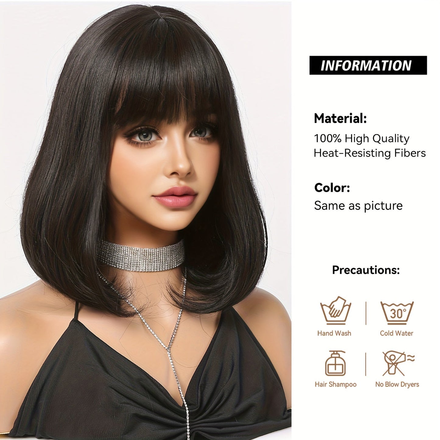 Women'S Bob Style Wig with Bangs - 16 inch, 100% High-Temperature Fiber, Straight Hair, 150% Density, Basic Style, Rose Net Cap, Versatile for Daily Wear, Work, Parties, Halloween, Christmas, Music Festivals