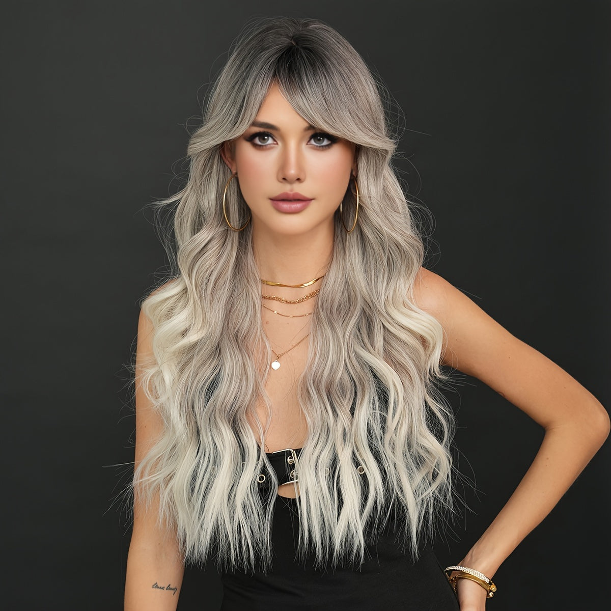 Elegant Water Wave Wig for Women, High Temperature Fiber Synthetic Silver Grey Ombre, 150% Density Rose Net Cap, Long Wavy Curl 27.56inch, Heat Resistant for Festivals and Parties