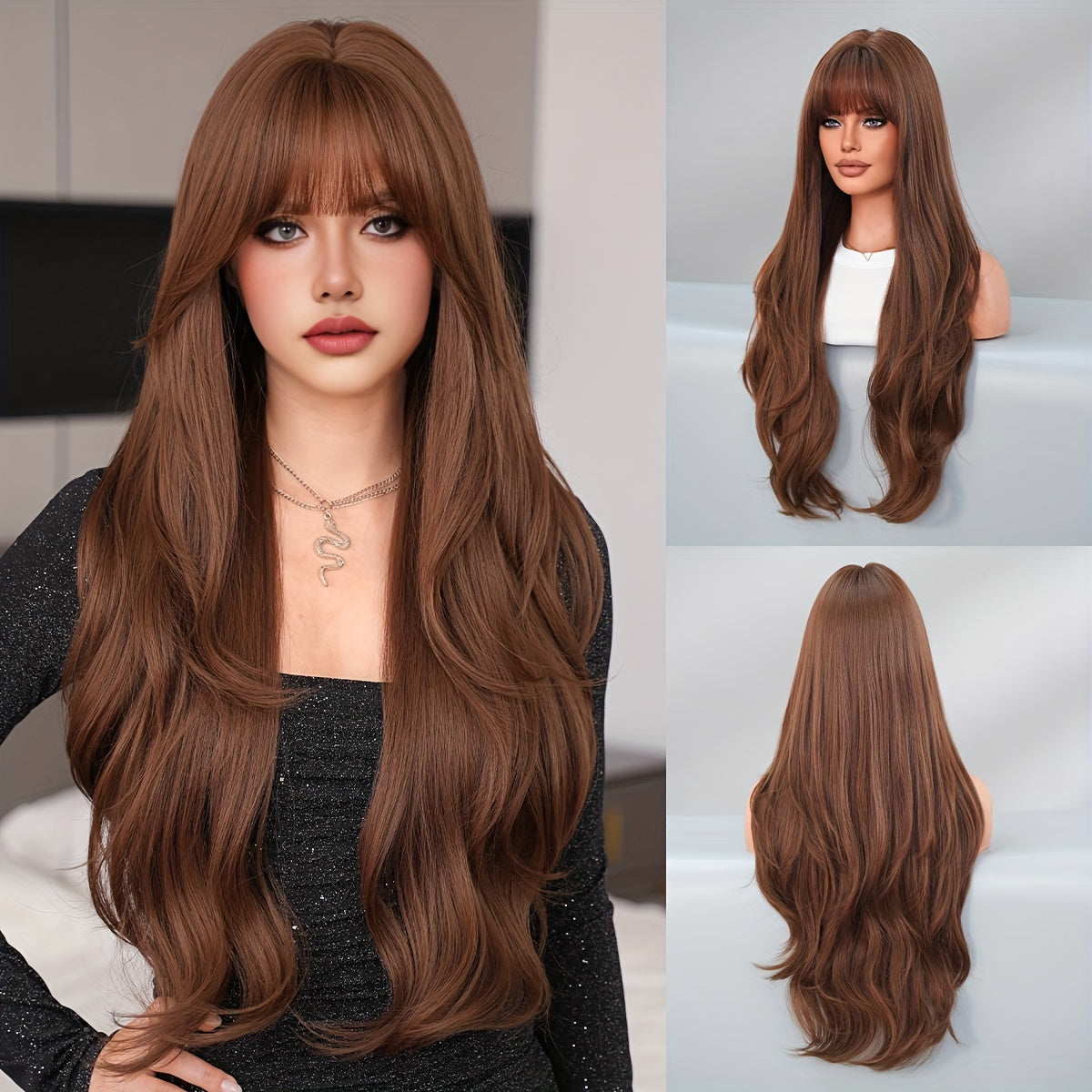 Luxurious Mocha Brown Body Wave Wig for Women - High-Density, Heat Resistant Synthetic Hair with Bangs, Natural Looking, Soft to Touch, Perfect for Daily Wear, Cosplay, and Special Occasions