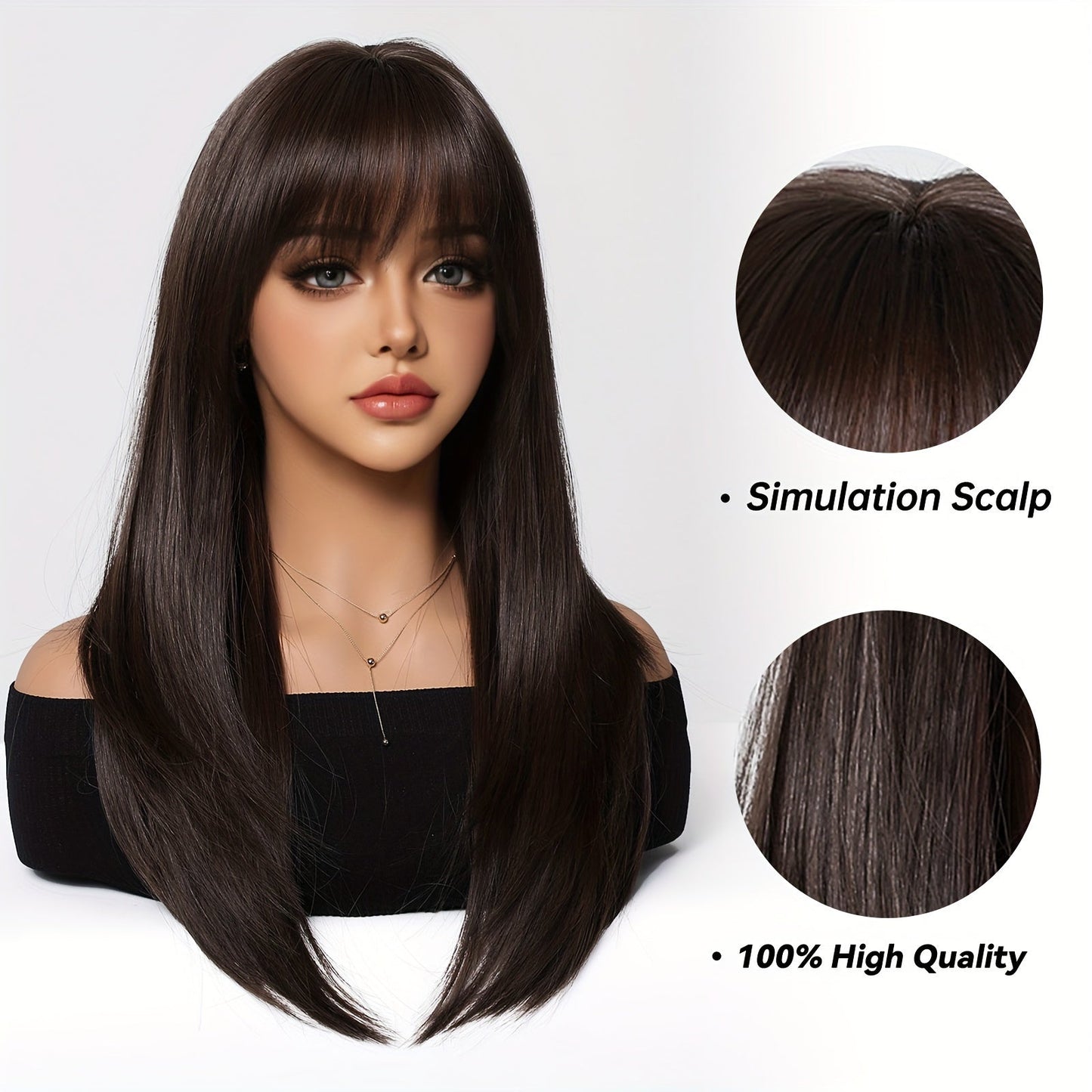 Chic 20-Inch Black & Brown Layered Wig with Bangs - Soft Synthetic, Heat Resistant for Women | Perfect for Daily Wear, Halloween, Christmas, Cosplay & More