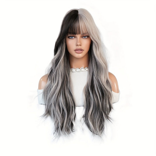 Silvery Gray Ombre Wig with Bangs - High-Density, Heat Resistant, Soft and Breathable Synthetic Hair for Women - Perfect for Halloween, Cosplay, Daily Wear, and Special Occasions