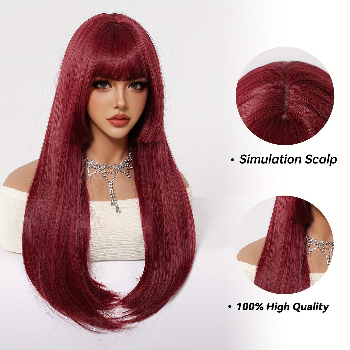 Chic 26" Burgundy Long Straight Wig with Bangs - Princess Cut, Soft Synthetic Hair for Women | Perfect for Daily Wear, Work, Parties, Halloween, Christmas & Cosplay