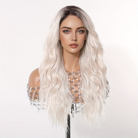 Synthetic Lace Wig Basic Style 22 Inch White Golden Top with Curly Wave, Japanese Silk, 13*4 Lace Area, 150% Density for Daily, Work, Party, Halloween, Christmas, Music Festival, Cosplay And Other Activities