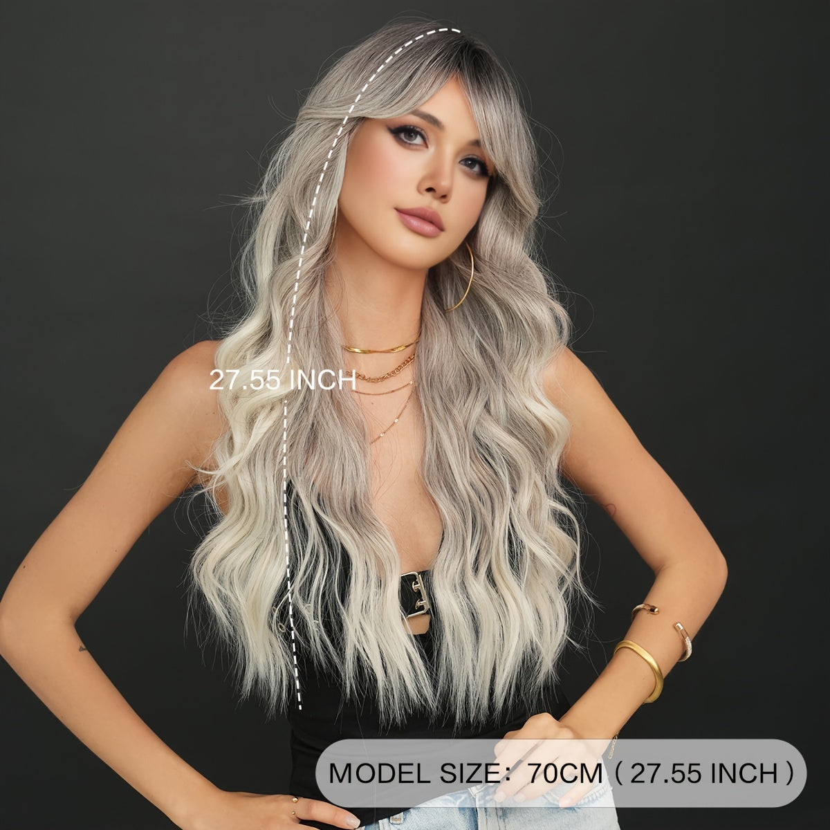 Elegant Water Wave Wig for Women, High Temperature Fiber Synthetic Silver Grey Ombre, 150% Density Rose Net Cap, Long Wavy Curl 27.56inch, Heat Resistant for Festivals and Parties