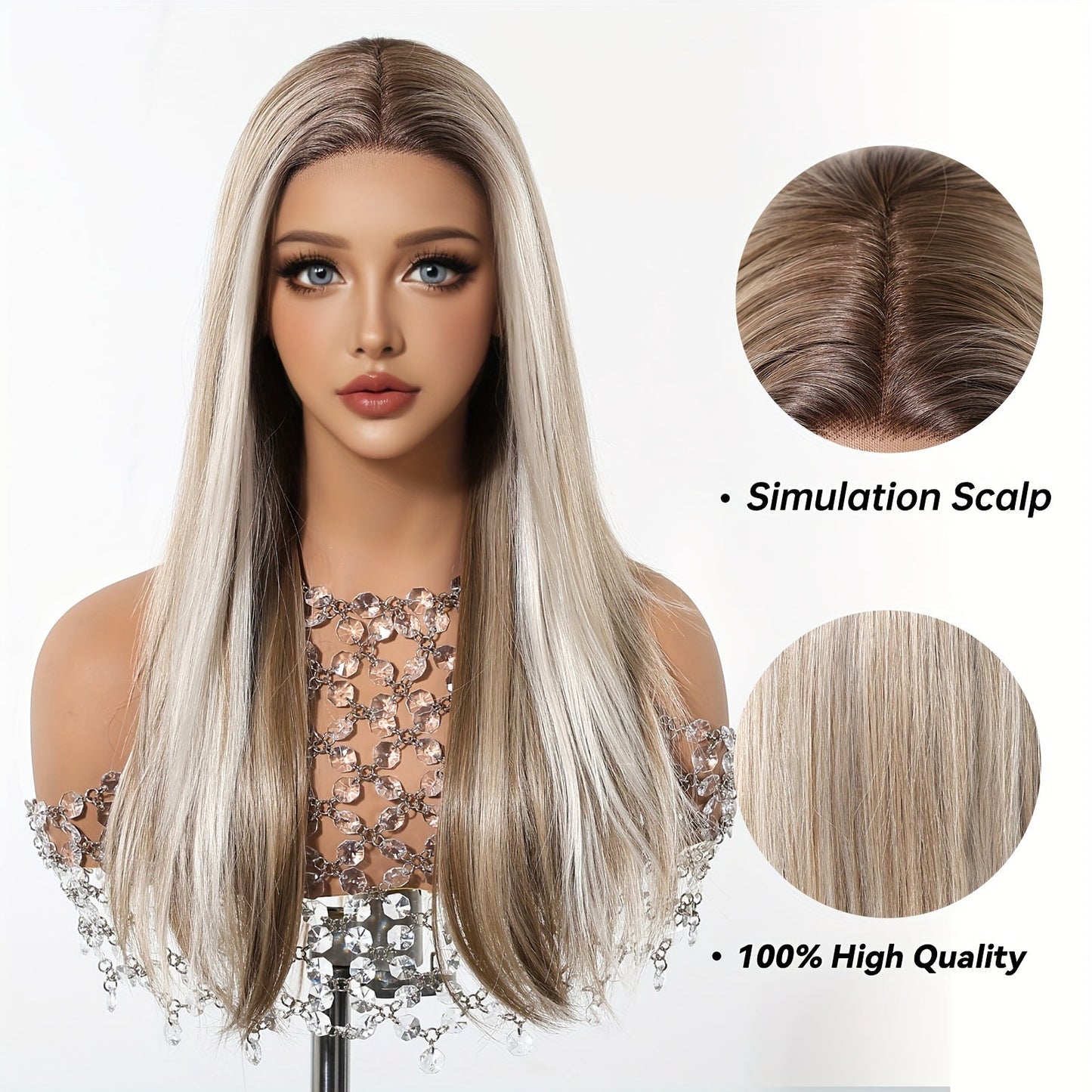 Women's Fashionable 22-Inch Mixed White Golden and Brown Synthetic Lace Front Wig, Ri Fiber Composition, Basic Style, 150% Density, Straight Hair, 13x5 Lace Part, Versatile for Daily Wear, Work, Parties, and Themed Events