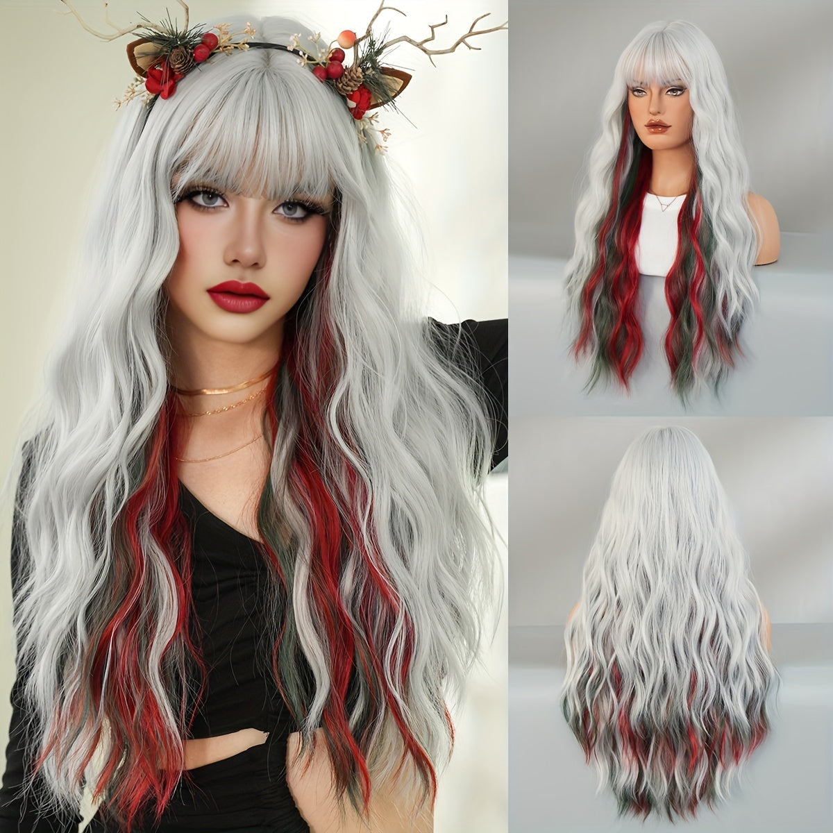 High-Density Synthetic Wig - Silvery White with Red & Green Waves, Heat Resistant for Halloween & Christmas Parties, 27.56 Inches