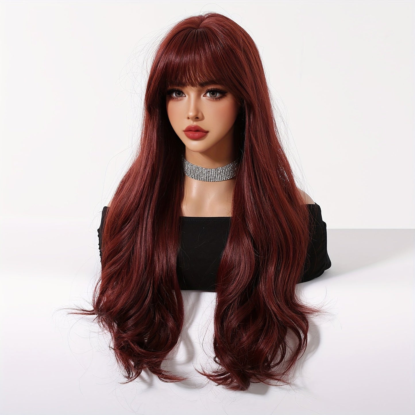 26 Inch Burgundy Long Wig with Bangs, Soft Synthetic Fiber, Elegant Style, Women's Full Top Wig, Heat-Resistant, for Daily Use, Gatherings, Cosplay, Halloween, Christmas, Music Festivals, All Ethnicities