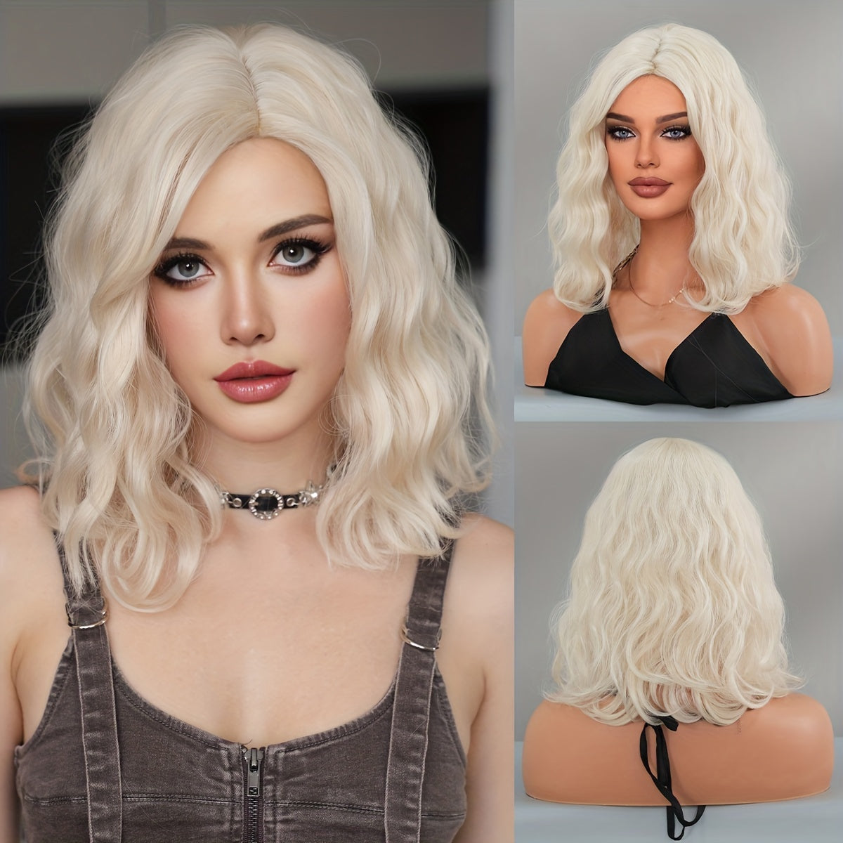 Platinum Blonde Wavy Curly Synthetic Wig - Heat Resistant, High-Density for Halloween & Cosplay Costume Accessories