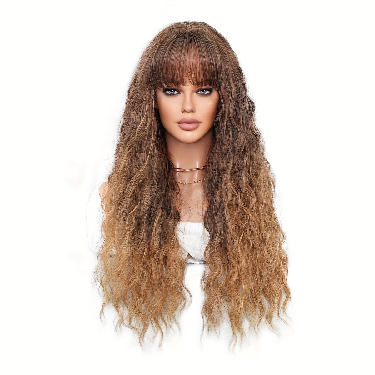 Elegant Ombre Brown to Blonde Long Water Wave Wig with Bangs for Women - High Density, Heat Resistant Synthetic Hair, Perfect for Daily Wear & Parties