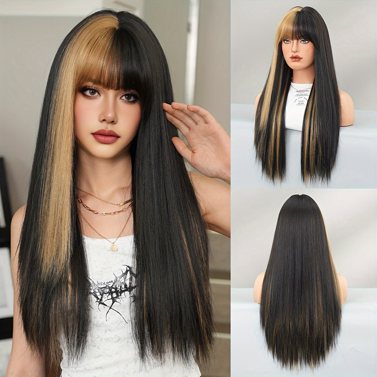 High-Density Synthetic Wig - Long Straight Black to Blonde Ombre, Heat Resistant for Halloween & Cosplay Parties