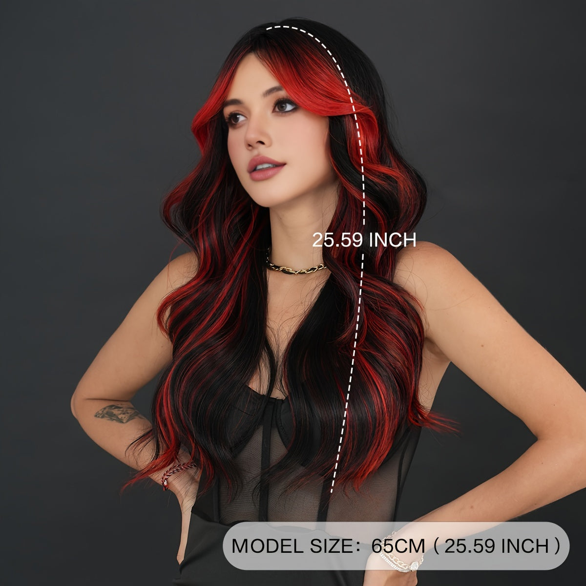 Vibrant Black & Red Highlighted Wavy Wig with Bangs - Heat Resistant, Soft, and Shiny Synthetic Hair for Women - Perfect for Halloween, Cosplay Parties, and Casual Attire