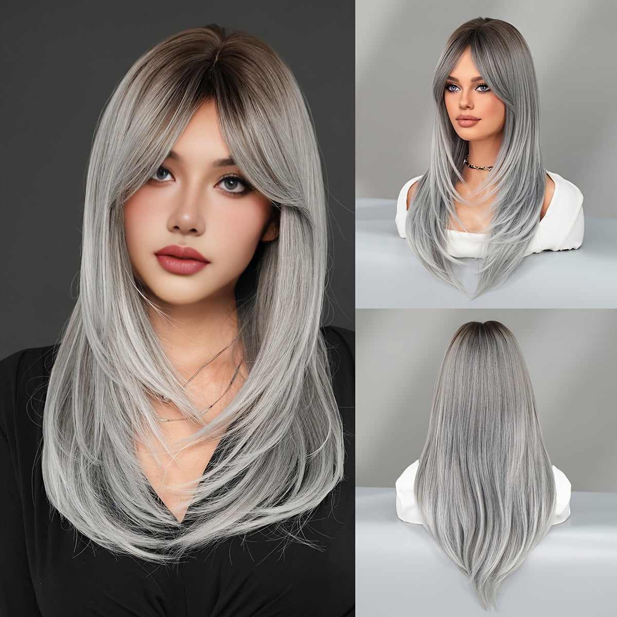 Chic Ombre Gray to White Long Straight Wig with Bangs for Women - High Density Synthetic Hair, Heat Resistant, Perfect for Daily Wear & Parties