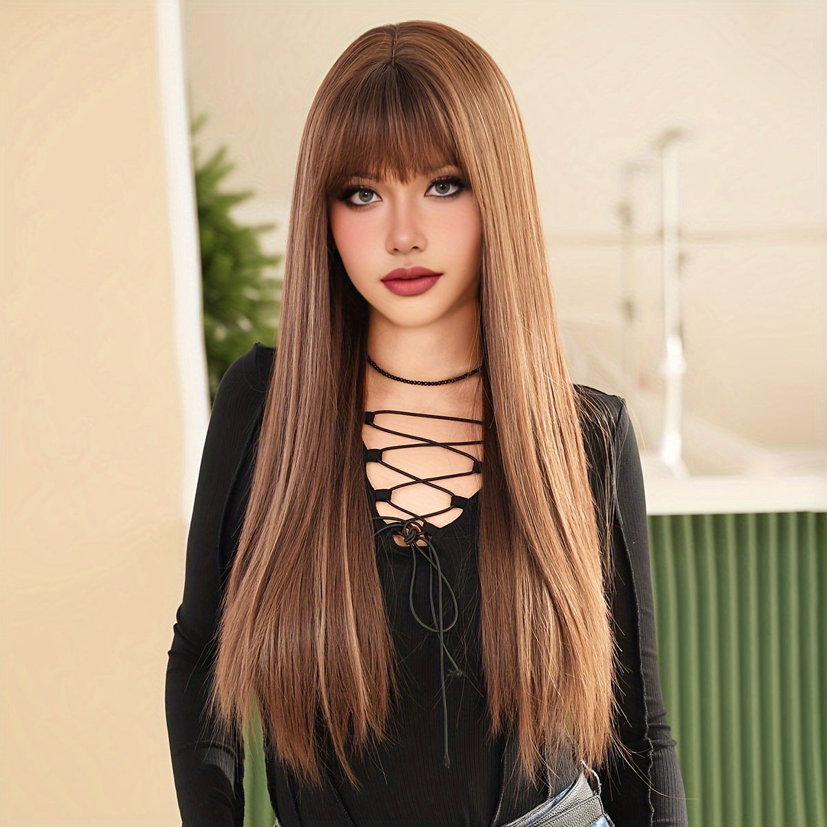 Elegant Long Yaki Straight Synthetic Wig for Women, High Density 150% with Rose Net Cap, Heat Resistant Fiber, Versatile for Daily Wear and Parties, 27.56inch