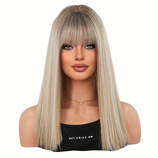 High Temperature Fiber Women's Wig - 150% Density, Straight Shoulder-Length, Synthetic Vacation Style Hair with Rose Net Cap, Suitable for All - 17.72inch