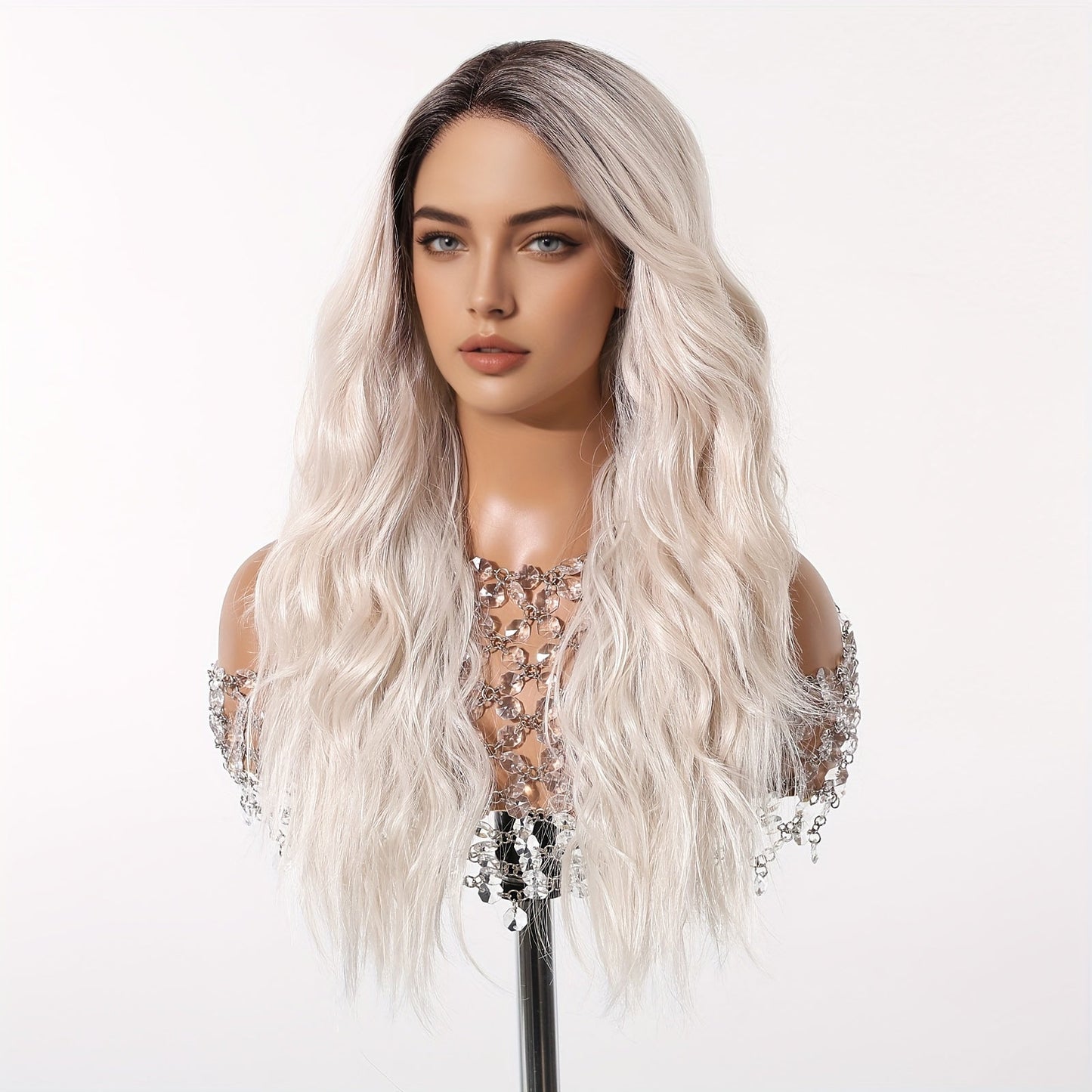 Synthetic Lace Wig Basic Style 22 Inch White Golden Top with Curly Wave, Japanese Silk, 13*4 Lace Area, 150% Density for Daily, Work, Party, Halloween, Christmas, Music Festival, Cosplay And Other Activities