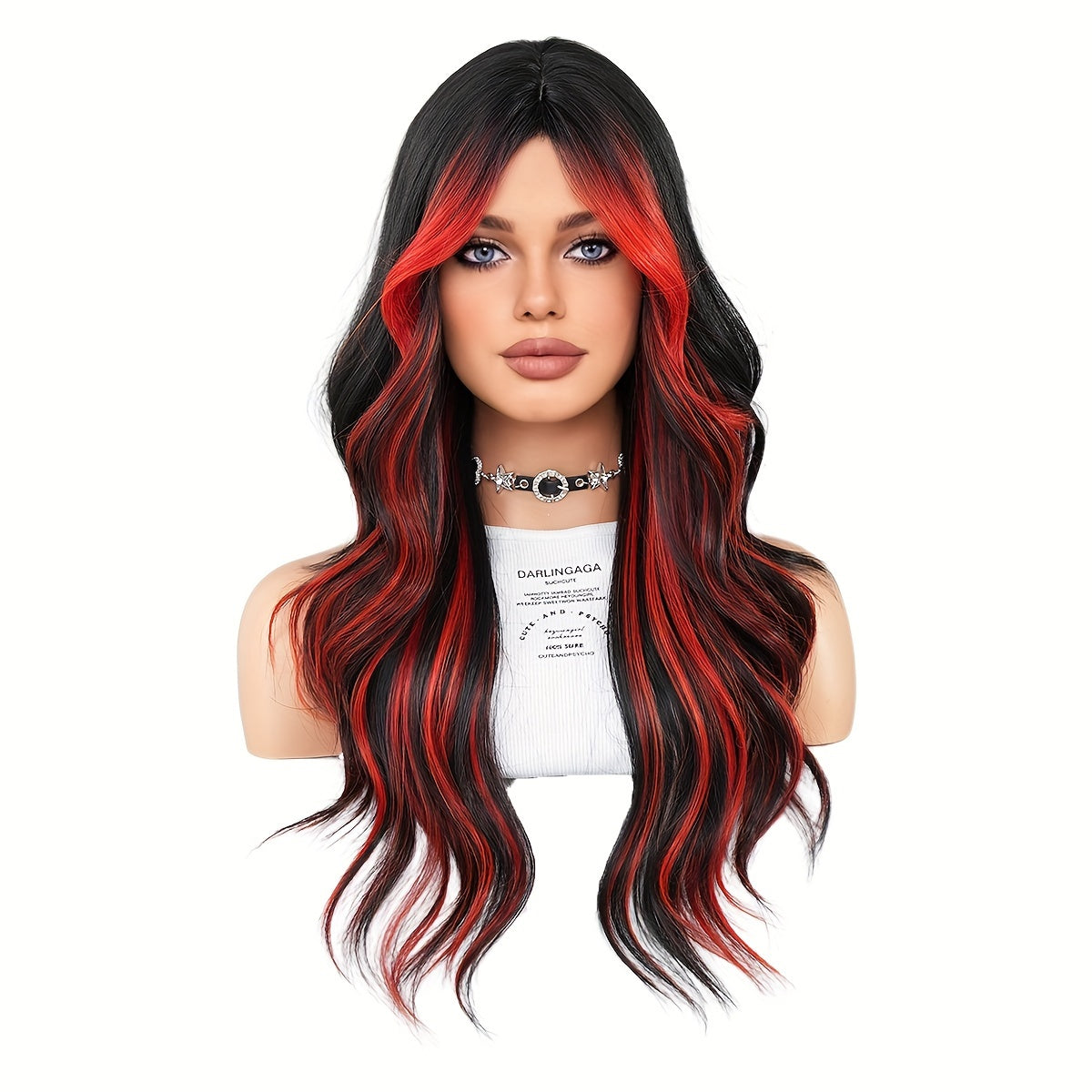 Vibrant Black & Red Highlighted Wavy Wig with Bangs - Heat Resistant, Soft, and Shiny Synthetic Hair for Women - Perfect for Halloween, Cosplay Parties, and Casual Attire