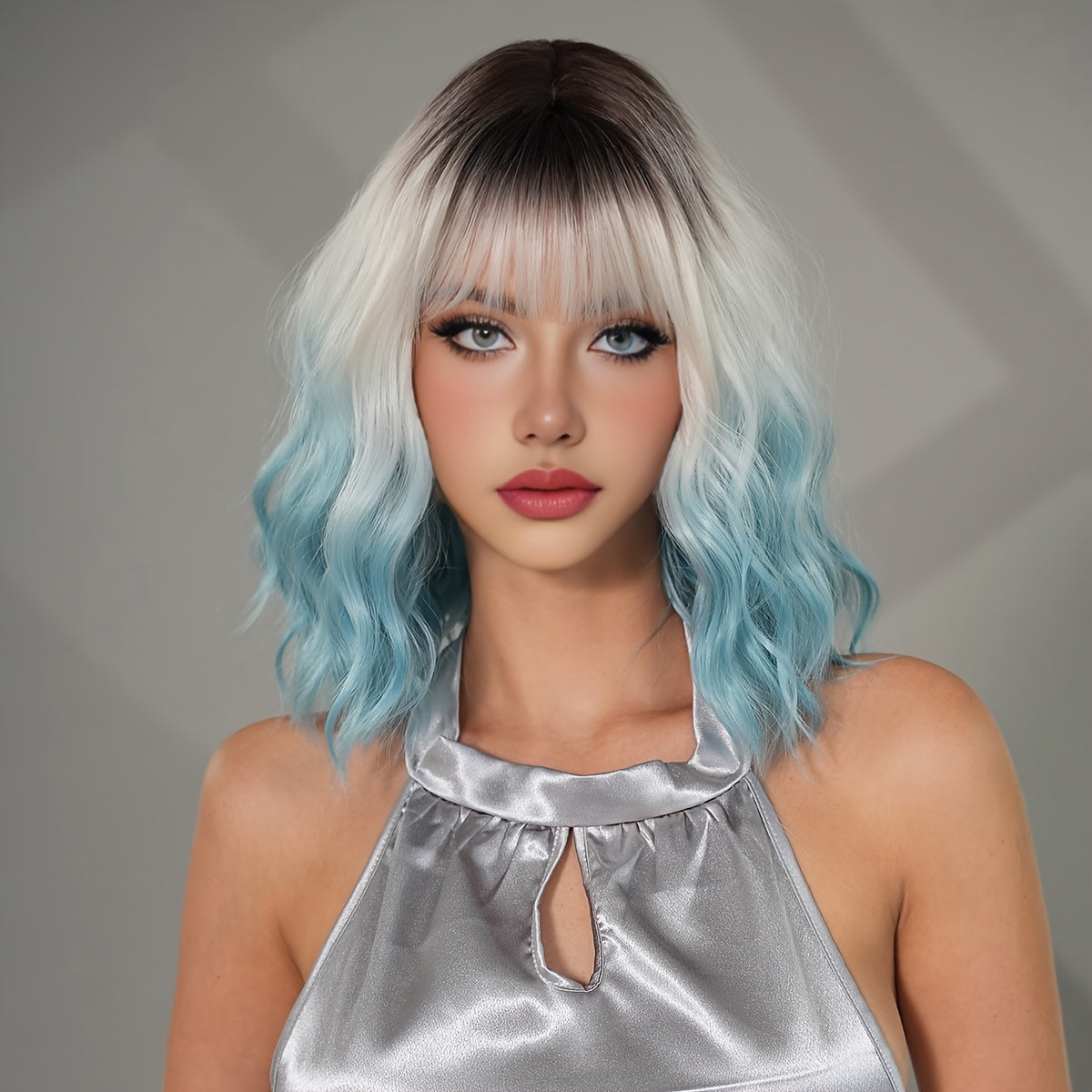 Vibrant Ombre Blue & White Shoulder-Length Wavy Wig with Bangs - High-Density Heat Resistant Synthetic Hair, Natural Looking Dark Roots, Perfect for Daily Wear, Halloween Parties, and Cosplay Events