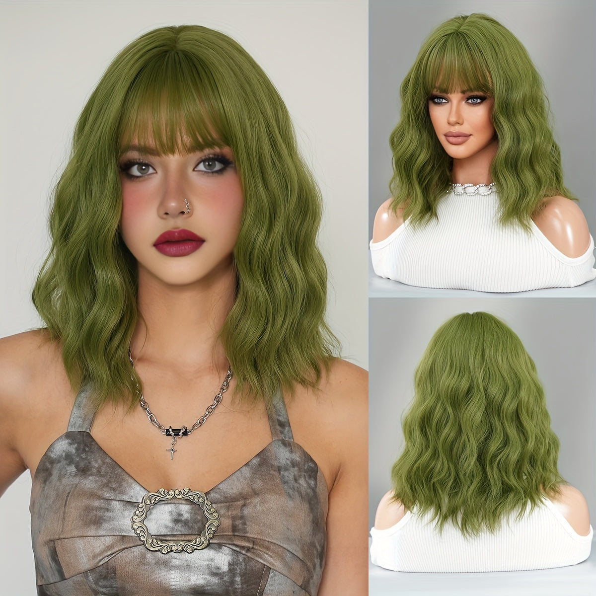 Green Wavy Shoulder-Length Synthetic Wig with Bangs - Heat Resistant, High Density for Daily Wear & Parties, 17.7"