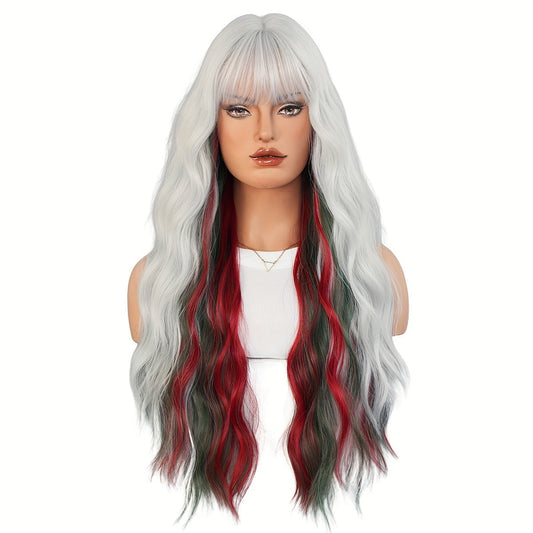 High-Density Synthetic Wig - Silvery White with Red & Green Waves, Heat Resistant for Halloween & Christmas Parties, 27.56 Inches