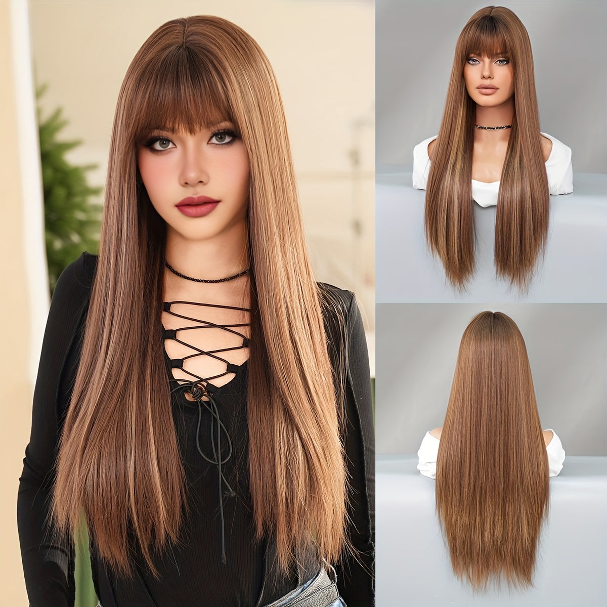 Elegant Long Yaki Straight Synthetic Wig for Women, High Density 150% with Rose Net Cap, Heat Resistant Fiber, Versatile for Daily Wear and Parties, 27.56inch