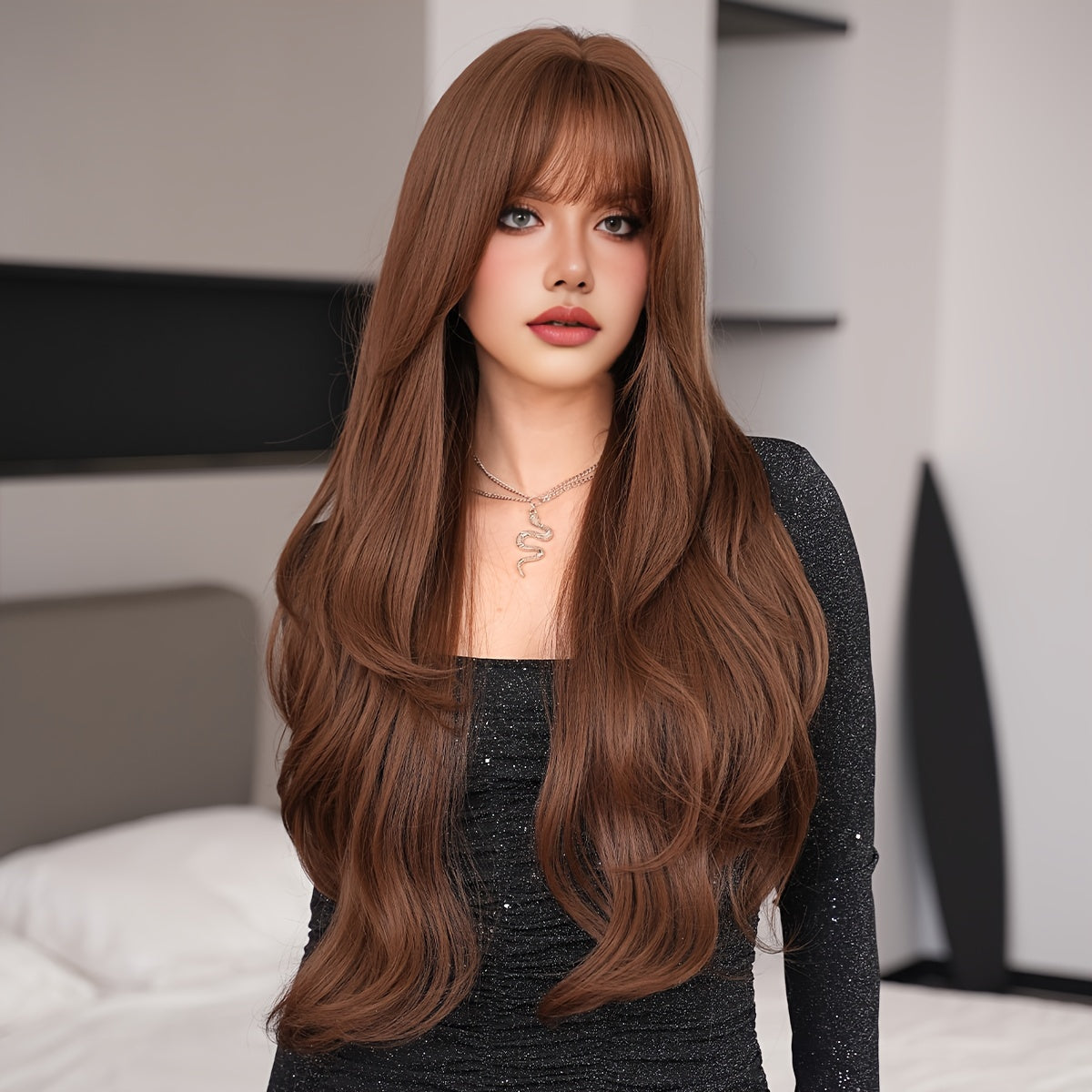 Luxurious Mocha Brown Body Wave Wig for Women - High-Density, Heat Resistant Synthetic Hair with Bangs, Natural Looking, Soft to Touch, Perfect for Daily Wear, Cosplay, and Special Occasions