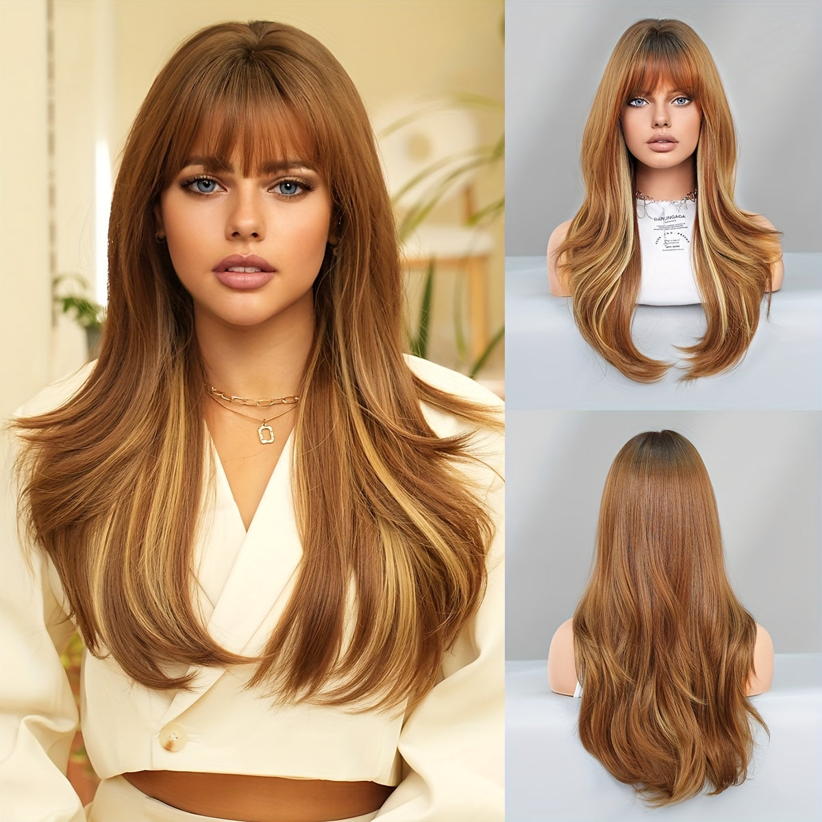 Women'S Long Straight Brown Highlight Blonde Wig with Bangs, High Density 150% Synthetic Fiber, Heat Resistant, Rose Net Cap, Layered Dress Up Wig with Dark Roots, 23.62 Inches