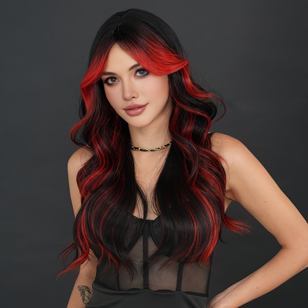 Vibrant Black & Red Highlighted Wavy Wig with Bangs - Heat Resistant, Soft, and Shiny Synthetic Hair for Women - Perfect for Halloween, Cosplay Parties, and Casual Attire